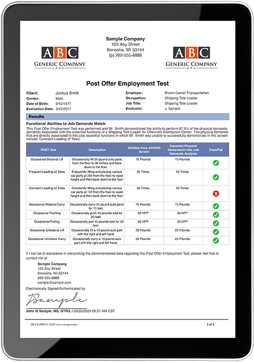 Post Offer Employment Test sample report