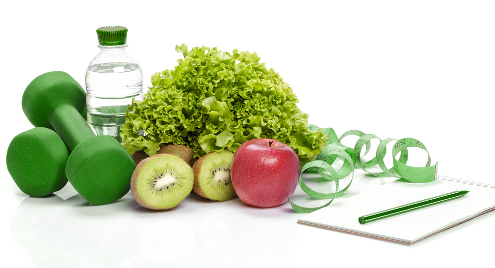Healthy food and water and weights